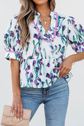 Floral Ricrac Trim Half Sleeve Peplum Top Floral OutfitFlow